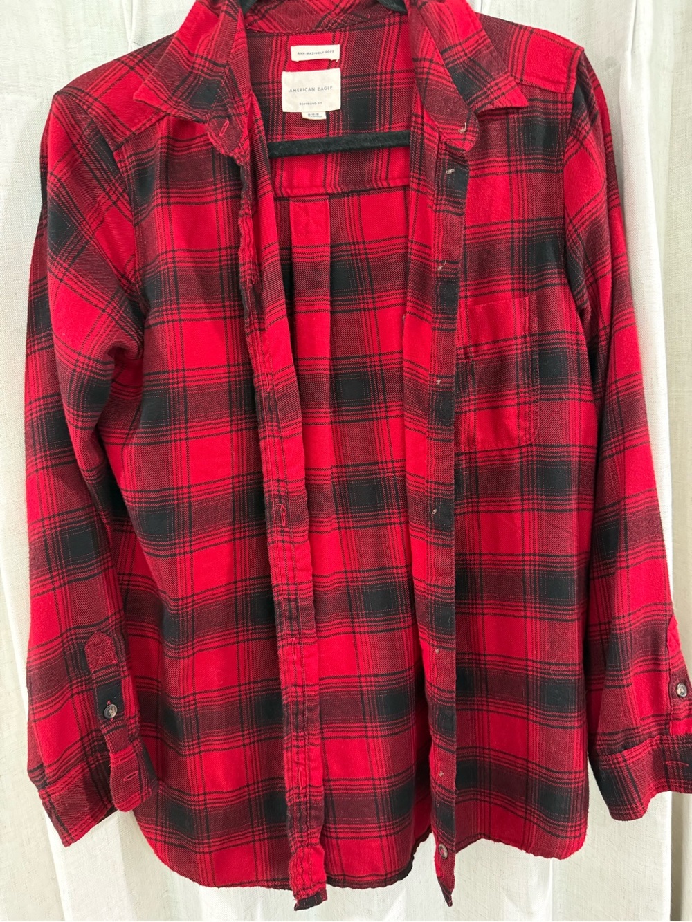 American Eagle so soft Red and Black Plaid Flannel Button-Up Shirt - Picture 2 of 4